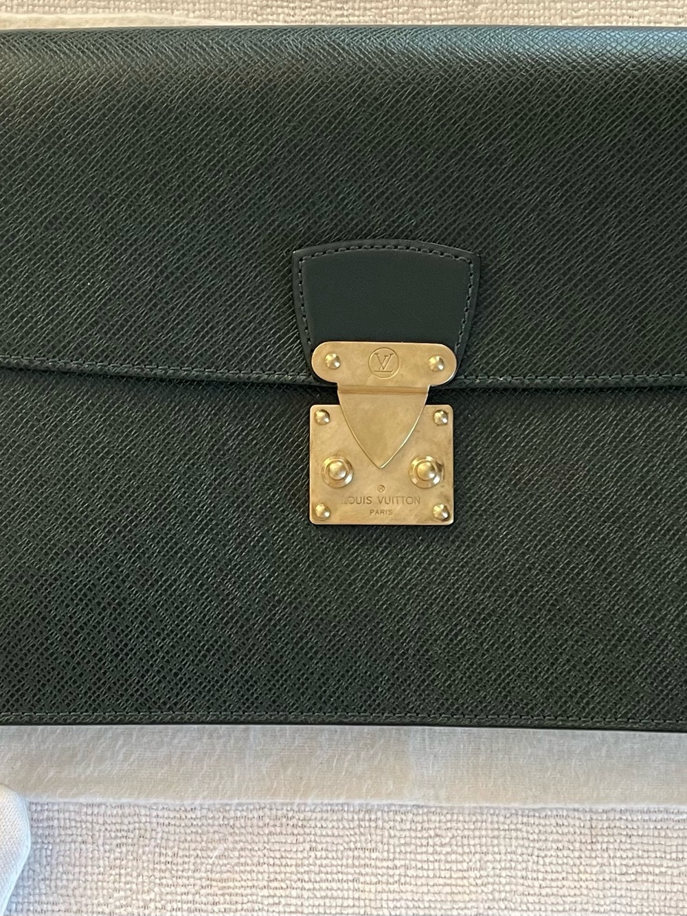 Louis Vuitton Green Taiga Leather Clutch with Shiny Bronze Hardware
